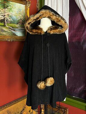 Black Poncho with Fur lined hood